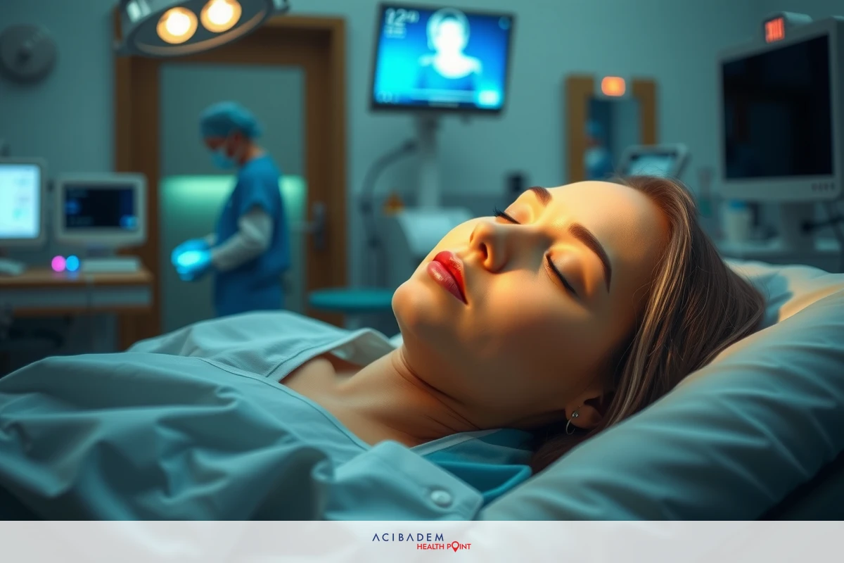 A young woman lying on a hospital bed, with closed eyes. She is wearing medical attire and appears to be resting or possibly undergoing tests. There's medical equipment around her.