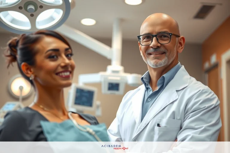 The image shows a medical office with two plastic surgeon standing. The female surgeon, wearing a blue coat, and she is smiling at the camera. A male surgeon stands to her right, also in professional attire, looking directly at the camera.