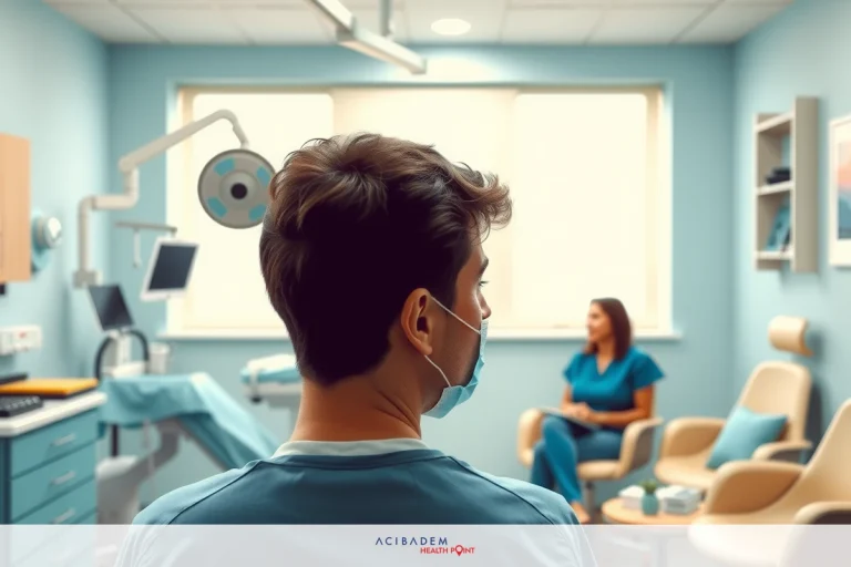 The image depicts an office setting, likely a medical clinic given the presence of chairs equipped. Two individuals can be seen; one is seated in the chair and appears to be receiving medical attention from another person wearing scrubs.