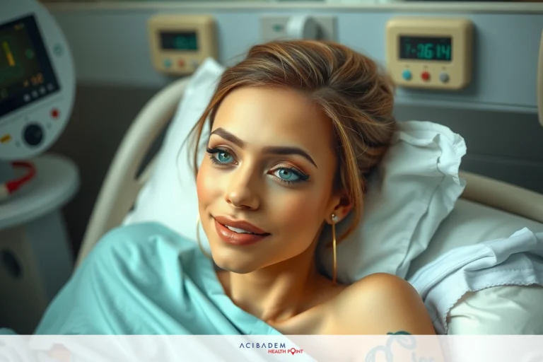 The image features a woman lying in a hospital bed, wearing medical attire. She has blonde hair and blue eyes. The environment suggests a clinical setting with medical equipment visible around her.