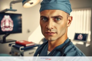 The image depicts a young male surgeon dressed in medical attire, including a surgical cap and scrubs, seated at a desk in what appears to be a modern operating or examination room.