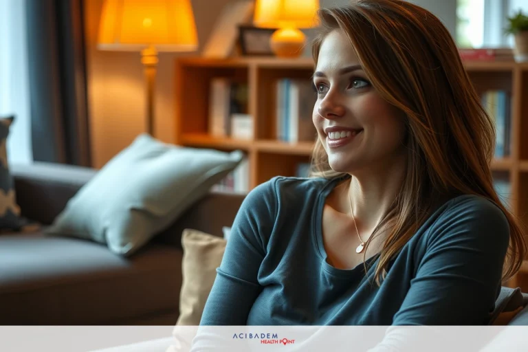 Woman smiling in a living room, sitting comfortably on a couch. She has long hair and is wearing a casual top. The room has a cozy ambiance with books visible on shelves behind her.