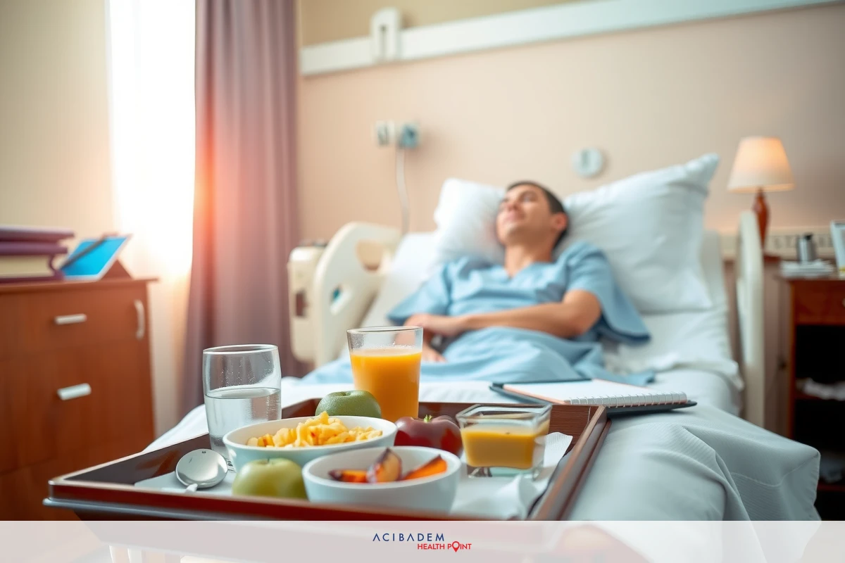 Image of a hospital room with medical equipment, tray of food and beverages on the bedside table. A person in a hospital bed, possibly receiving care or recovering.