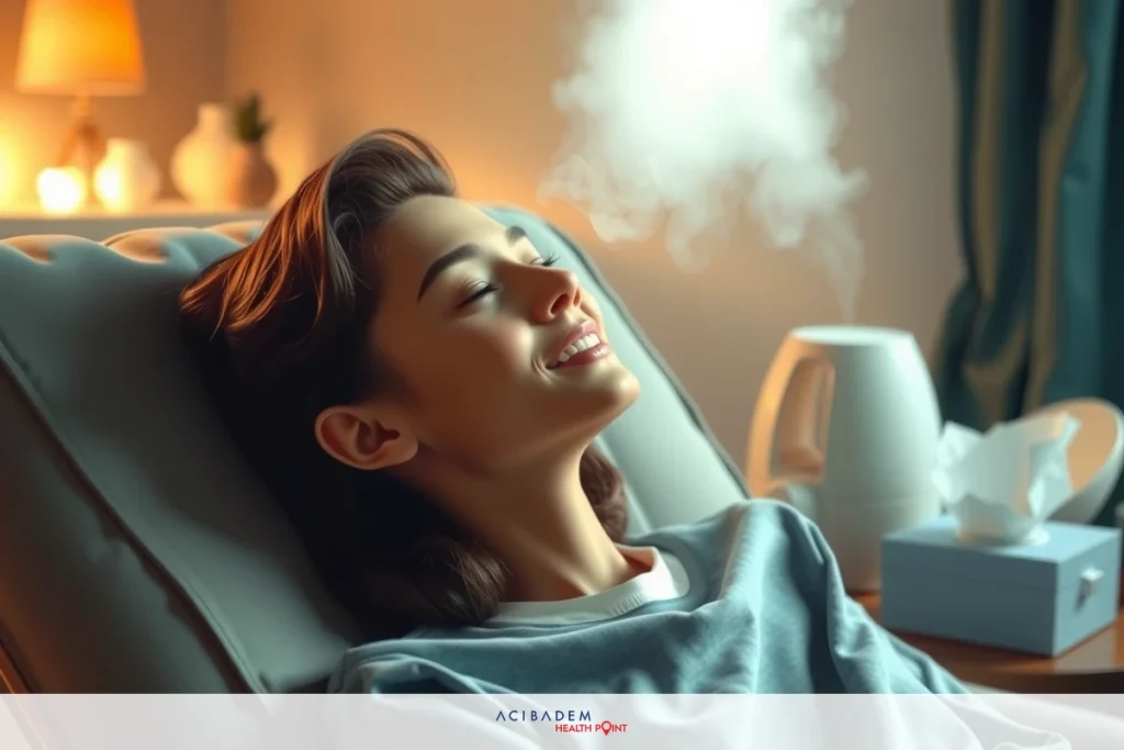 This image depicts a woman lying in a chair with her eyes closed and a serene expression on her face. There is steam or smoke visible around her head, suggesting she might be receiving a treatment, such as a facial mask or heat therapy.