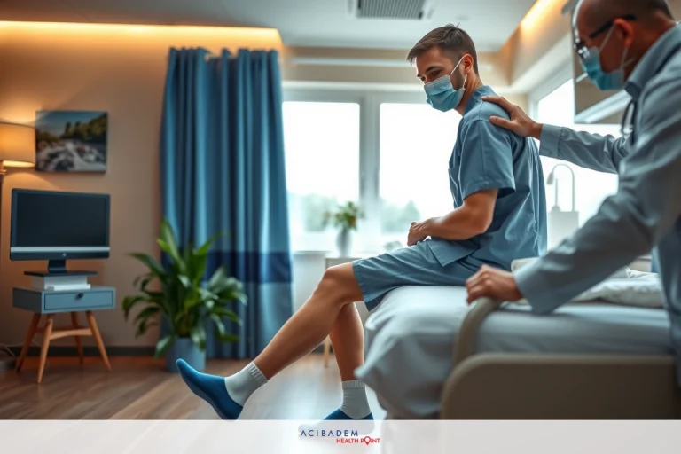 A medical scene with a patient wearing blue scrubs, sitting on the bed. A healthcare professional is tending to him, possibly assessing or providing care during an examination.