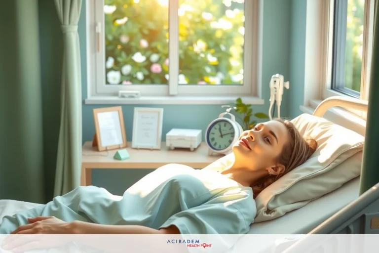 The image depicts a woman lying in a hospital bed, looking towards the viewer. She appears relaxed and is smiling. The room has natural light coming through a window, which creates a warm atmosphere. There are medical devices such as an IV drip and a clock on the wall behind her.