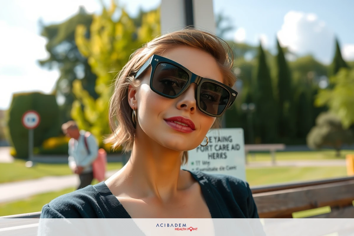 A woman wearing sunglasses and a dark blouse is sitting on an outdoor bench. She has short hair, her mouth is slightly open, and she appears relaxed in the setting.