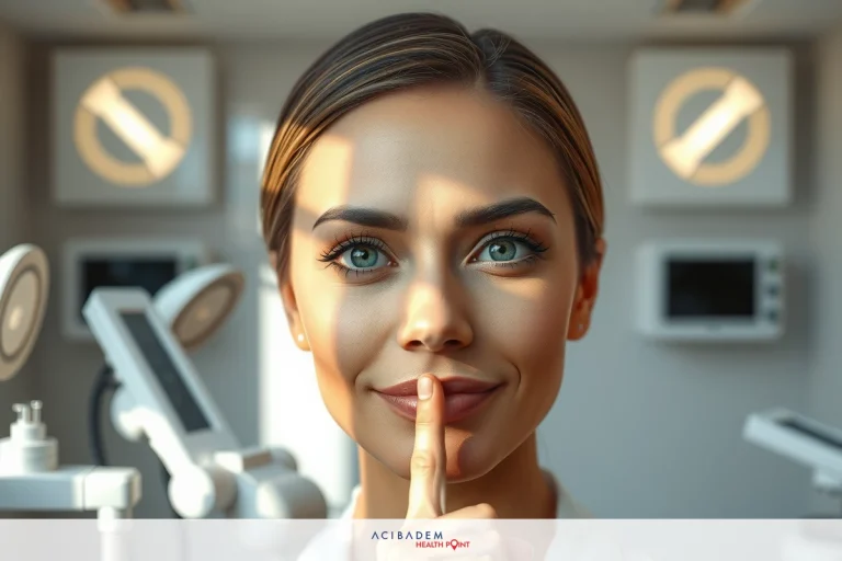 A young woman in a medical environment with a sign of the finger under her lips. The background features various pieces of medical equipment and technology, highlighting the setting as likely being within a healthcare facility.