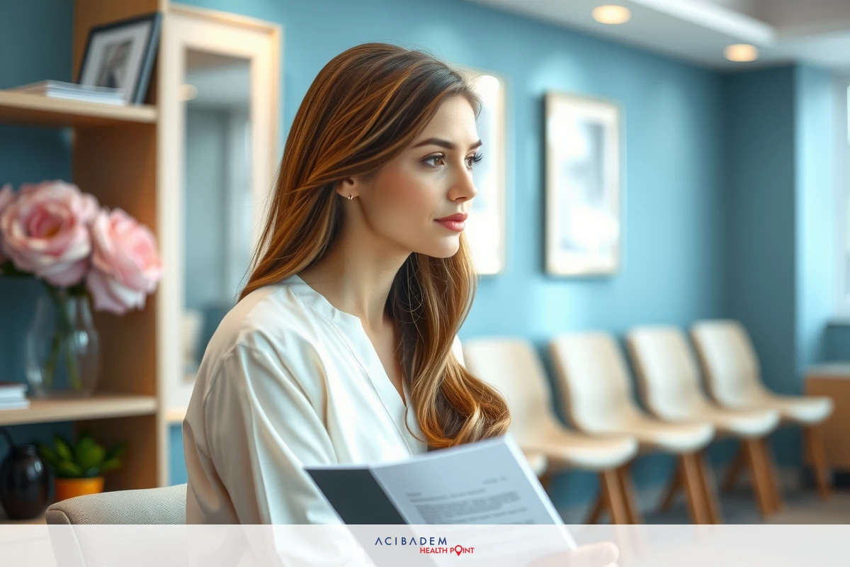 A professional female office worker sitting at her desk, engrossed in reading papers and documents. The modern workplace environment features a whiteboard and comfortable chairs.