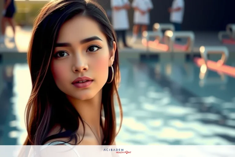 The image features a young woman with long hair, wearing makeup and earrings. She is looking to the side with a neutral expression. The background shows an outdoor swimming pool area on what appears to be a sunny day.
