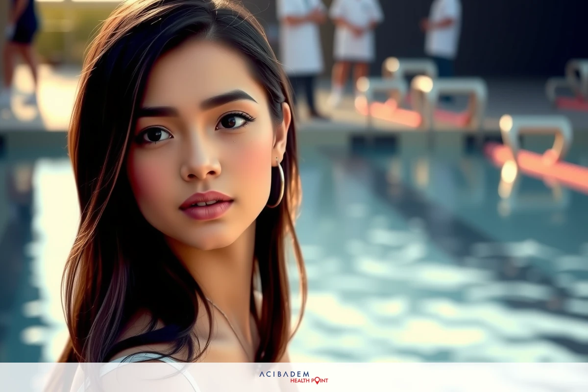 The image features a young woman with long hair, wearing makeup and earrings. She is looking to the side with a neutral expression. The background shows an outdoor swimming pool area on what appears to be a sunny day.