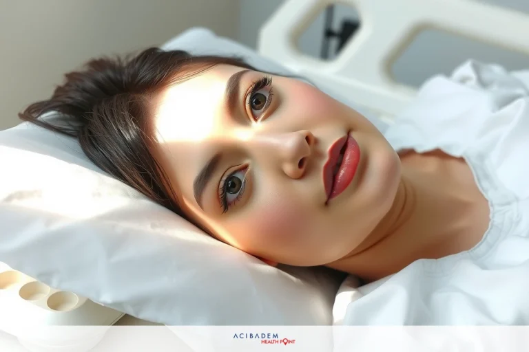 A woman in a hospital bed, lying down. Her head is turned to the side and she seems surprised or curious.