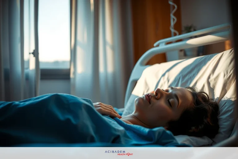 The image depicts a woman lying in a hospital bed. She appears to be in a state of rest or perhaps discomfort, with her mouth and eyes closed. The setting suggests a clinical environment, possibly a hospital room, with light filtering through the curtains and casting shadows on the surface below.