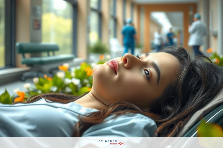 The image shows a woman lying down on what appears to be a hospital bed. She is wearing a white medical gown and looks relaxed with her eyes opened, suggesting she might be resting or perhaps recovering from an illness or procedure.