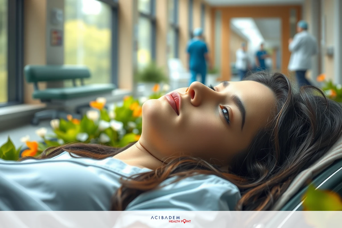 The image shows a woman lying down on what appears to be a hospital bed. She is wearing a white medical gown and looks relaxed with her eyes opened, suggesting she might be resting or perhaps recovering from an illness or procedure.