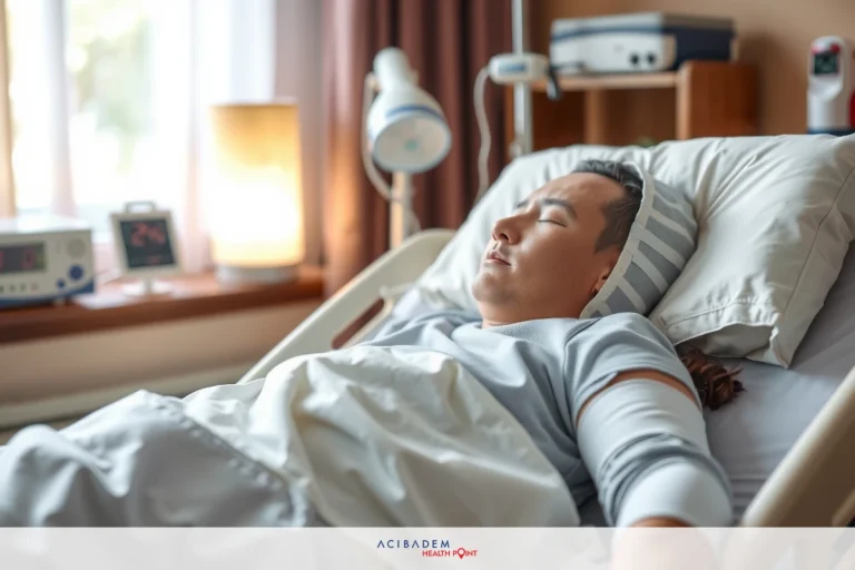 The image depicts a man in a hospital bed, lying down and appearing to be asleep or resting. He is wearing what looks like a medical gown and has some medical devices nearby on the bedside table.
