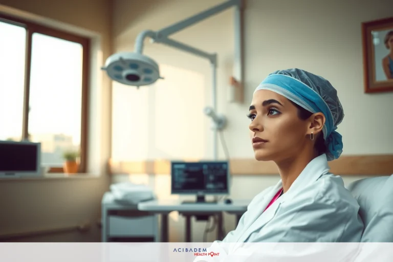 A young female doctor wearing a white lab coat and blue scrubs, with her face reflecting serious concentration as she sits at the end of an exam table.