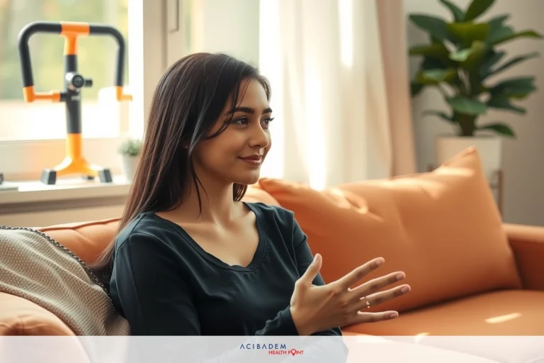 The image shows a woman sitting on an orange couch in what appears to be a home environment. She is wearing a black top and has her hair styled straight with bangs.