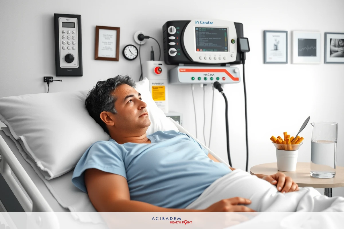 The image features a male patient lying in a hospital bed. He is connected to medical equipment, likely an IV drip and monitors, which are typical elements of a healthcare environment.