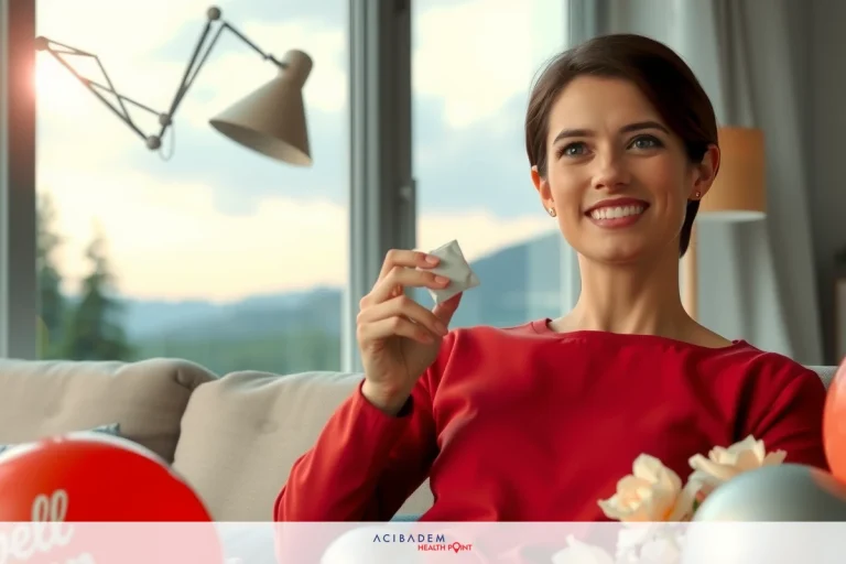 A woman sitting on a couch with balloons in the background, wearing red and smiling at the camera.