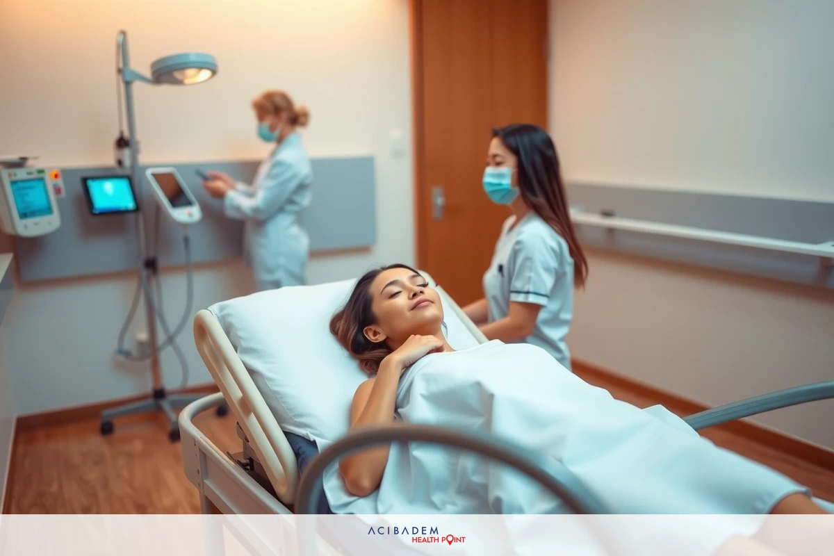 The image depicts a medical setting with two nurses attending to a patient on a hospital bed. The patient is lying down and seems relaxed, while the nurses are standing by a desk with medical equipment. Both nurses are wearing white coats and masks for safety, indicating a professional environment. The color palette consists of whites, greys, and blues commonly associated with healthcare settings.