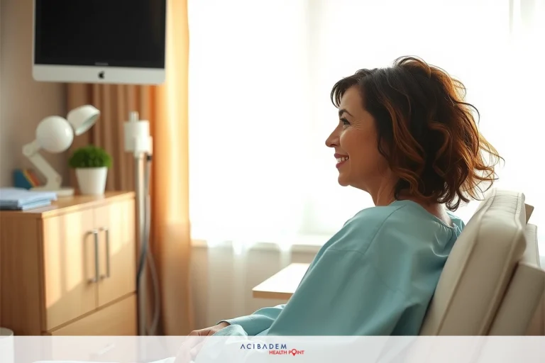 In a surgeon office, a woman wearing blue scrubs sits in a examination chair. She is smiling at the camera. The room contains medical equipment and furnishings, including a potted plant.