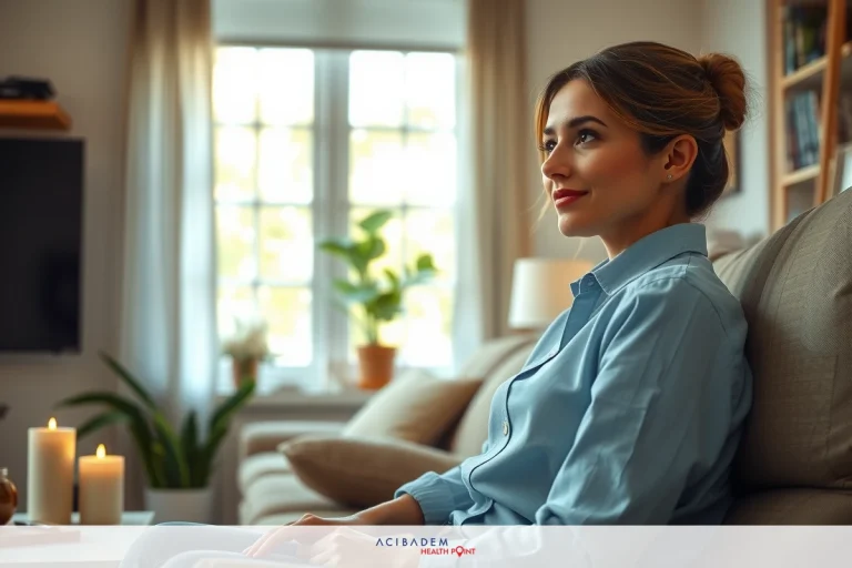 A woman sitting in a living room. She's wearing a casual outfit and has a relaxed posture.