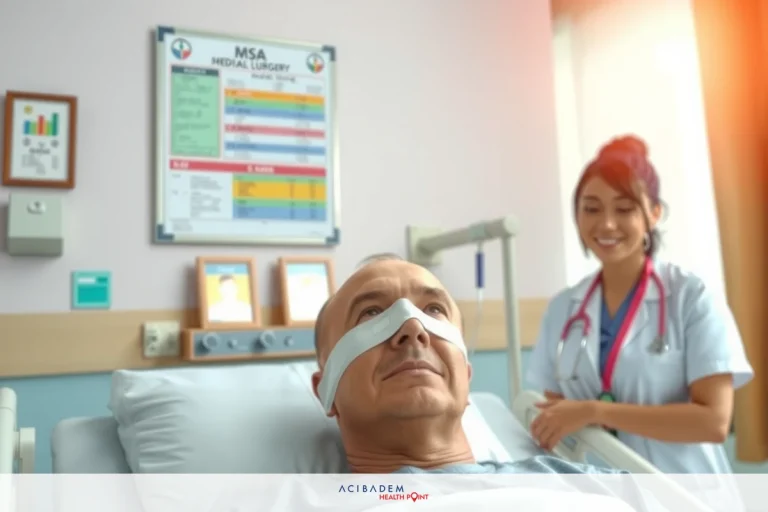In a hospital room, a medical professional wearing blue scrubs stands next to an adult patient lying on the bed. The patient has bandages on their face, and appears to be receiving medical attention.