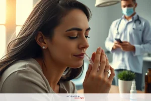 Image showing a medical examination scene with a woman tasting medicine from a spoon held by a doctor, indicating clinical testing or treatment. The setting appears to be a modern medical office.