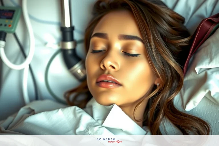 Sleeping woman with closed eyes, lying in a hospital bed with medical devices. Soft and gentle colors create calm atmosphere.