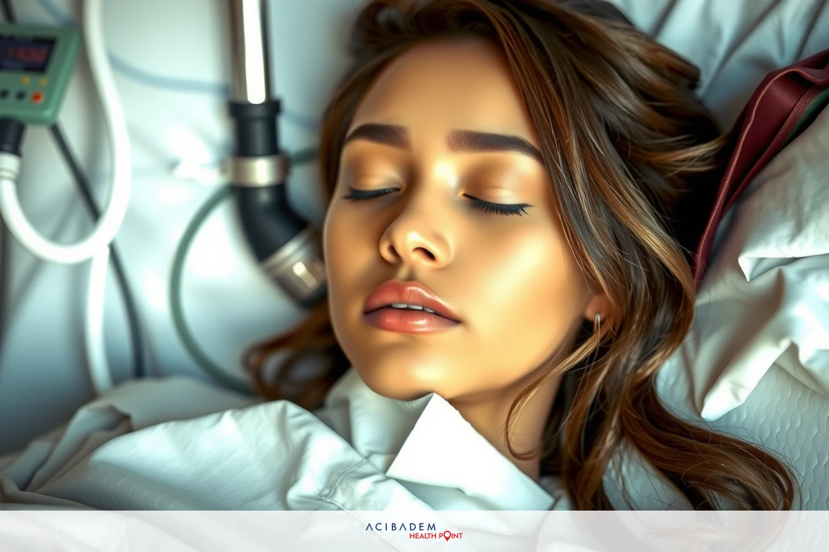 Sleeping woman with closed eyes, lying in a hospital bed with medical devices. Soft and gentle colors create calm atmosphere.
