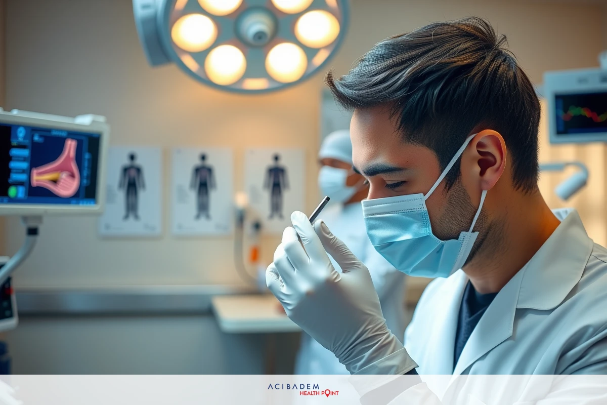 The image shows a medical professional wearing full PPE, standing in an examination room. The person is focused on a piece of equipment, possibly analyzing patient data or conducting an investigation related to health and medicine.