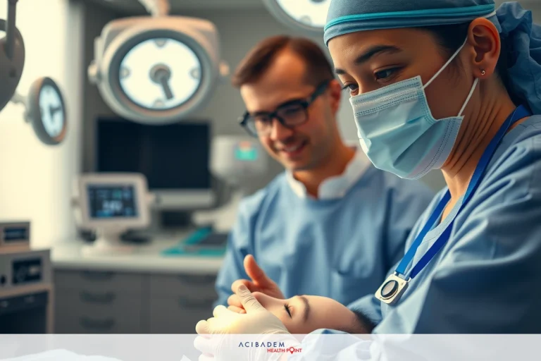 In an operating room, a medical team is attending to a patient. The surgeon and the anesthesiologist are wearing surgical gowns and face masks, focusing on their tasks.