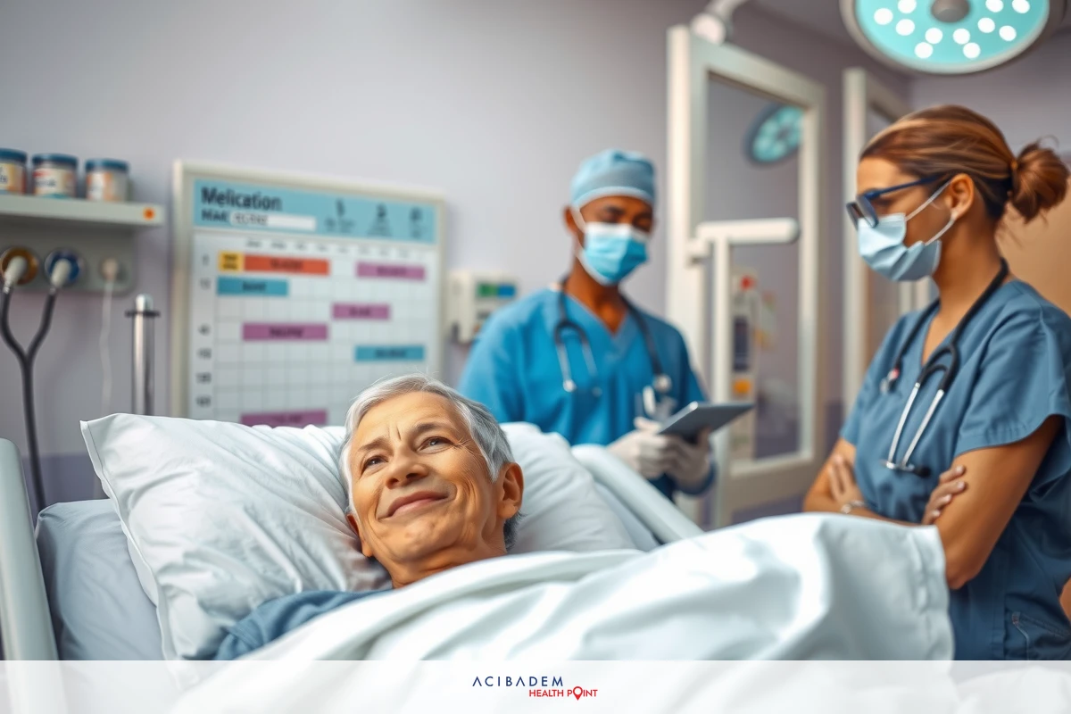 The image depicts a hospital setting. There is an elderly patient in bed, flanked by two healthcare professionals wearing surgical attire and masks. The environment suggests a medical facility with clinical decor.