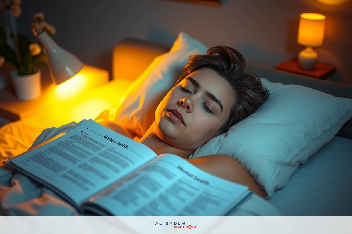 The image depicts a person lying in bed, reading a book. The individual is wearing minimal clothing and appears relaxed with eyes closed or focused on the text. Surrounding elements suggest a cozy indoor environment, potentially at night given the soft lighting.