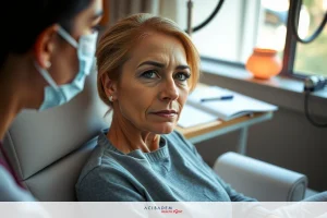 The image depicts a medical setting, likely inside a medical clinic. In the foreground, there is an adult female patient seated and facing towards the camera.