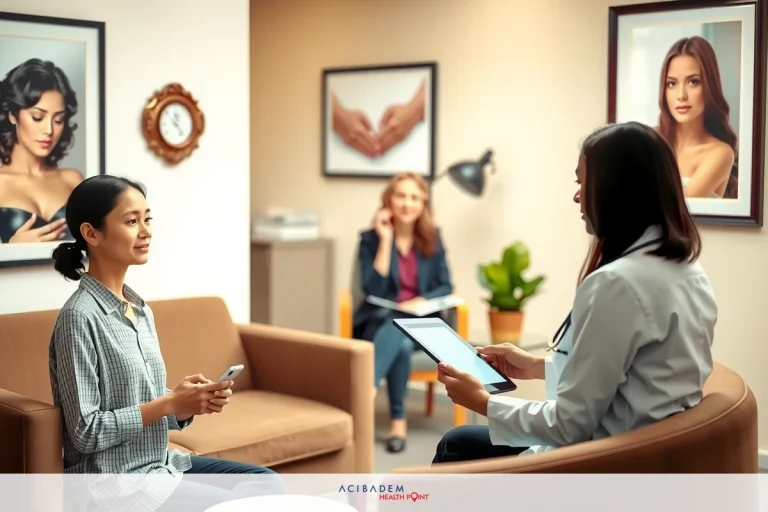 Two women in a professional setting, one seated while the other stands. They appear to be engaged in a discussion or interview.