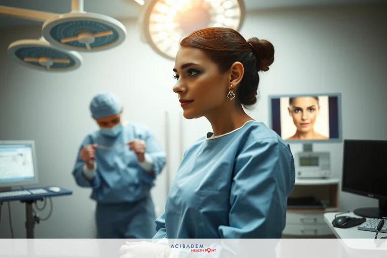 In an operating room, two surgeons are working together on a patient. The room is filled with medical equipment and monitors. One of the surgeons is focused on the screen displaying facial reconstruction.