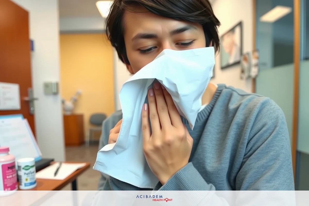 A person holding a tissue to their face, possibly experiencing cold or flu symptoms. The individual is in an indoor setting with a desk and office supplies visible.
