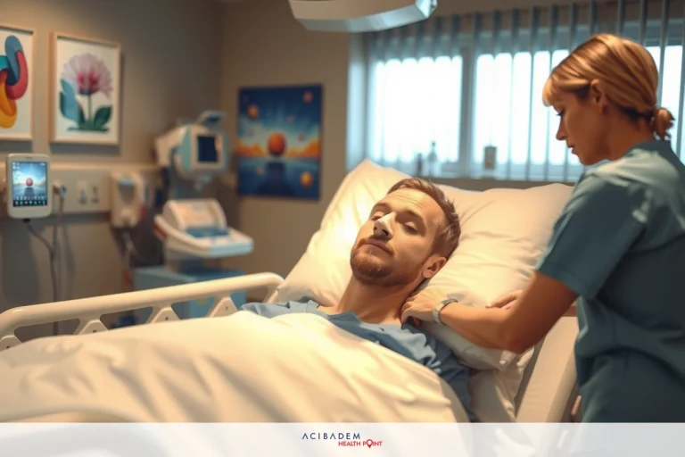 The image shows an indoor hospital setting with a medical professional, presumably a nurse, attending to a patient. The patient is in bed and appears to be resting or recovering. Various medical equipment and charts are visible around the room, indicative of a healthcare environment.