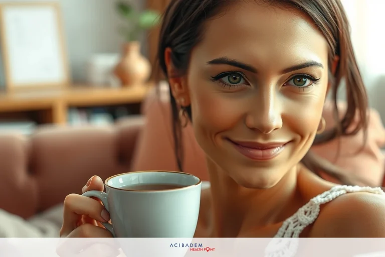 When Can You Get Botox After Rhinoplasty A woman sitting on a couch, sipping coffee from a mug. She has long dark hair and is wearing makeup. The scene is brightly lit, giving it a cozy and inviting atmosphere.