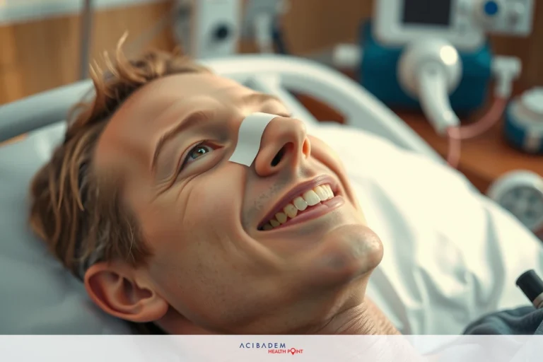 Can I Go to a Rollercoaster After Rhinoplasty? Happy smiling face of a man in the hospital bed, wearing an tape on his nose, with medical equipment around him.