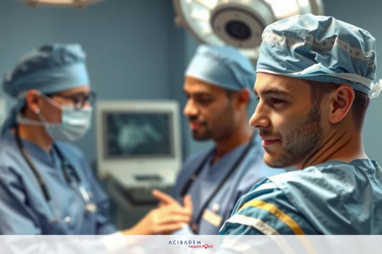 How to Find a Good Rhinoplasty Doctor The image is set in a hospital operating room where medical professionals are gathered. A male patient, covered from head to toe in sterile gear, stands in the center of the image looking away from the camera towards his team.