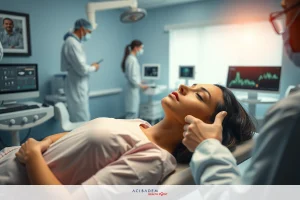 Medical professionals in sterile environment performing procedures. One patient receiving medical attention. Equipment such as monitors and electronic devices indicate precision and technology.