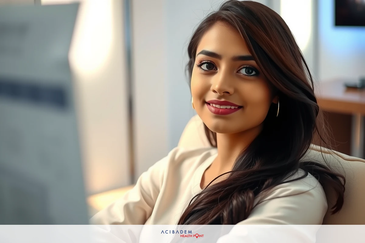 The image shows a woman seated at a desk, focusing on her computer screen. She appears to be engaged in a work-related activity, possibly analyzing data or reviewing documents.