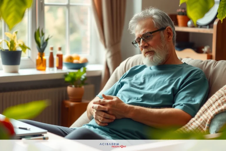 What to Do While Recovering from Rhinoplasty The image shows an older man sitting on a couch, appearing relaxed with his hands clasped together. He is dressed in a hospital gown and seems to be at home, possibly convalescing. The room has a cozy atmosphere with potted plants adding a touch of greenery. The focus is on the man's peaceful expression and surroundings suggesting a quiet moment in his day.