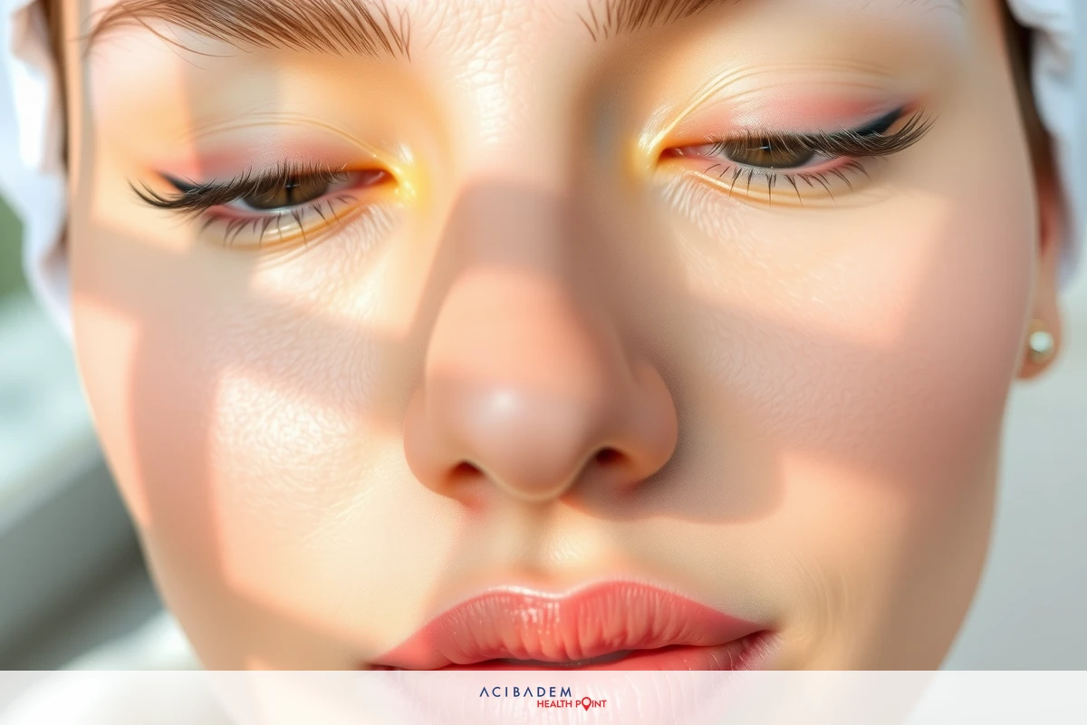 The image shows a close-up of a woman's face with sunlight filtering through what appears to be blinds. She is looking down and away from the camera, focusing on something out of frame. The woman has fair skin and her features are highlighted by the shadows and reflections created by the interplay of light. Her makeup is done in soft, natural tones that enhance her complexion without being overly dramatic.