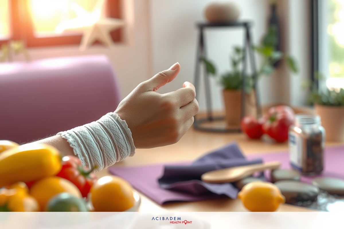 Close-up of person's hands holding up two fingers, set against a blurred backdrop of colorful fruits and vegetables on a kitchen counter, with a focus on vibrant greens and reds.