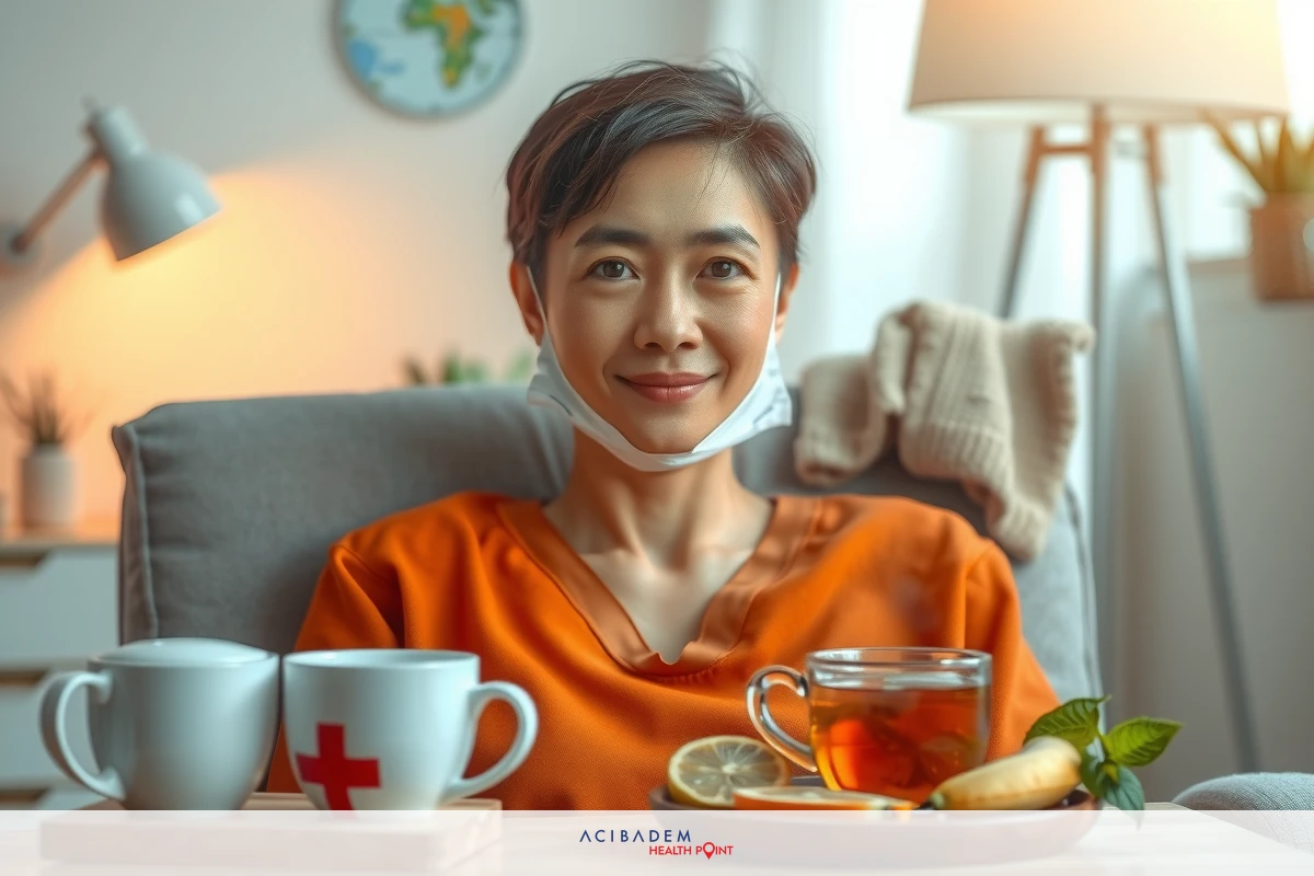 The image shows a person seated at a dining table, holding a cup of tea. The individual appears to be wearing a hospital gown and has a smile on their face. There is also a plate with sliced cake or some pastry next to the teacup. The setting seems casual and comfortable, possibly a personal space like a living room. The colors are warm and inviting, contributing to a cozy atmosphere.