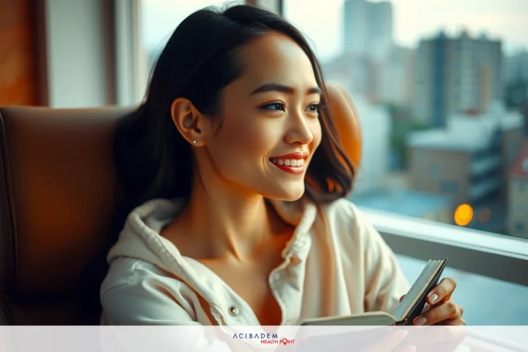 A young woman sits in a high-rise office with a large window providing a view of a cityscape. She is wearing casual clothing, reads from her book and smiles contentedly.
